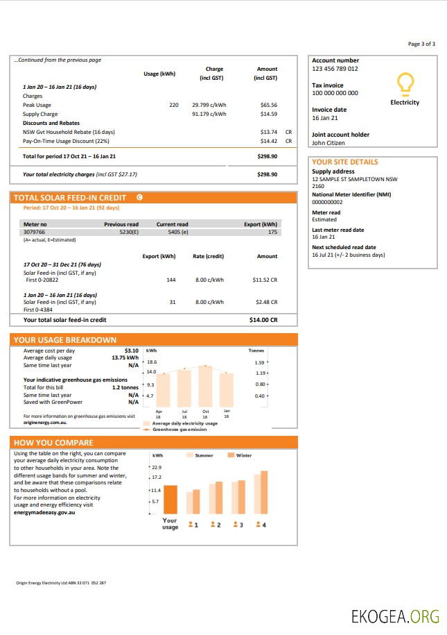Australia New South Wales (NSW) Origin electricity utility bill template in Word and PDF format 3
